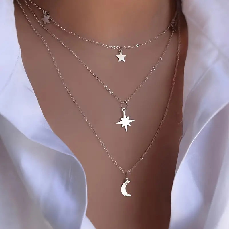 Multi-Layer Moon + Star Alloy Necklace